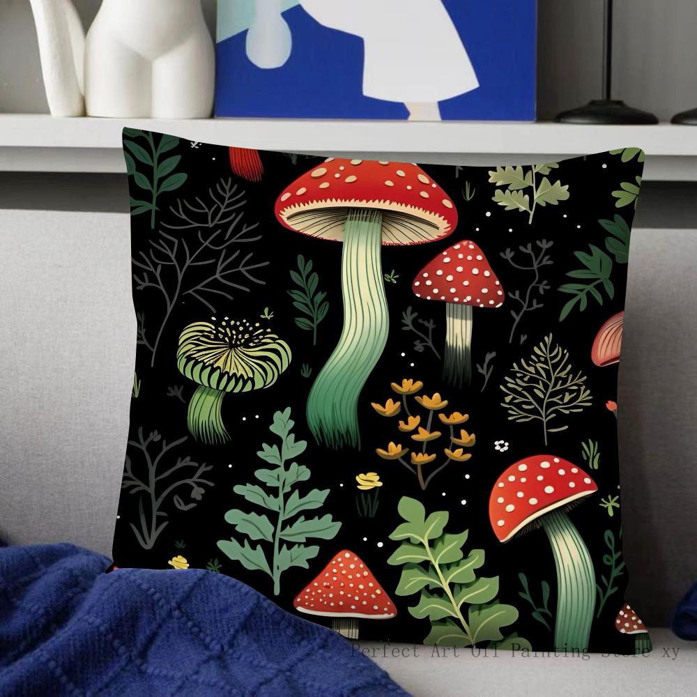 

Dark Fantasy Forest Mushroom Flower Pattern Pillow Case Fashion Square Pillowcase Bedroom Sofa Room Ins Leisure Cushion Cover 16x16Inch