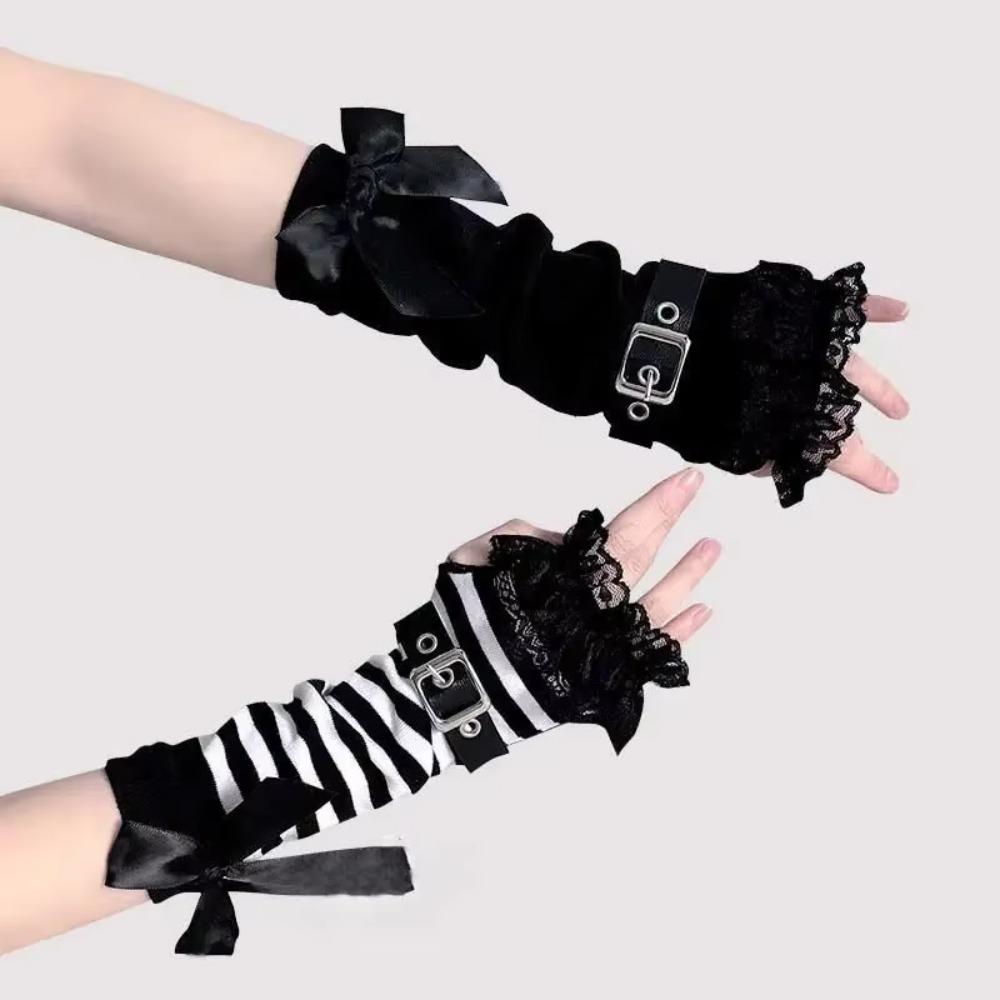 1pair Lace Ruffle Fingerless Gloves Buckle Closure Arm Cover Sleeves Women Girl