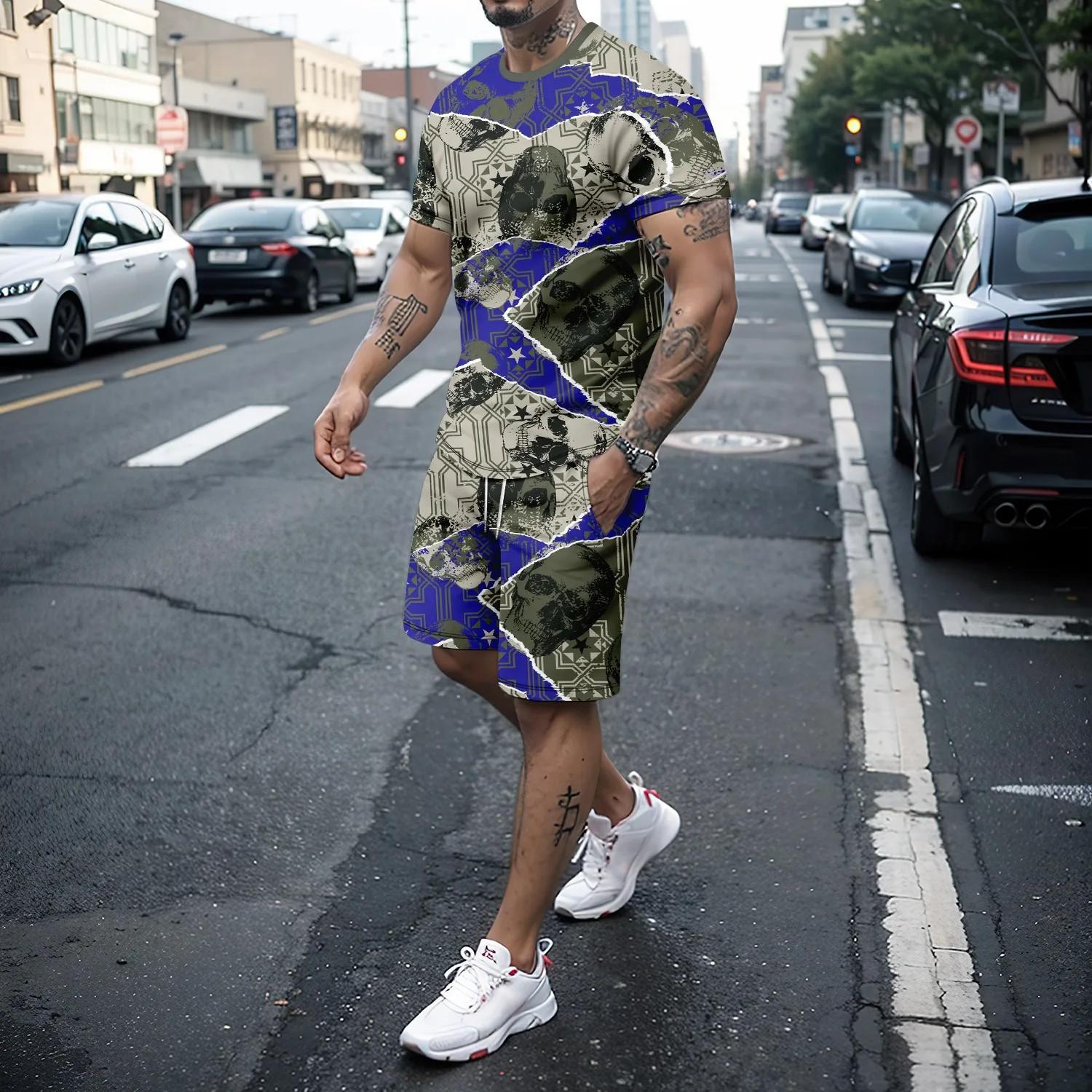 

Летний мужской комплект, модная спортивная одежда с 3D принтом черепа, мужская футболка с короткими рукавами + спортивные шорты, повседневный комплект для бега 6XL