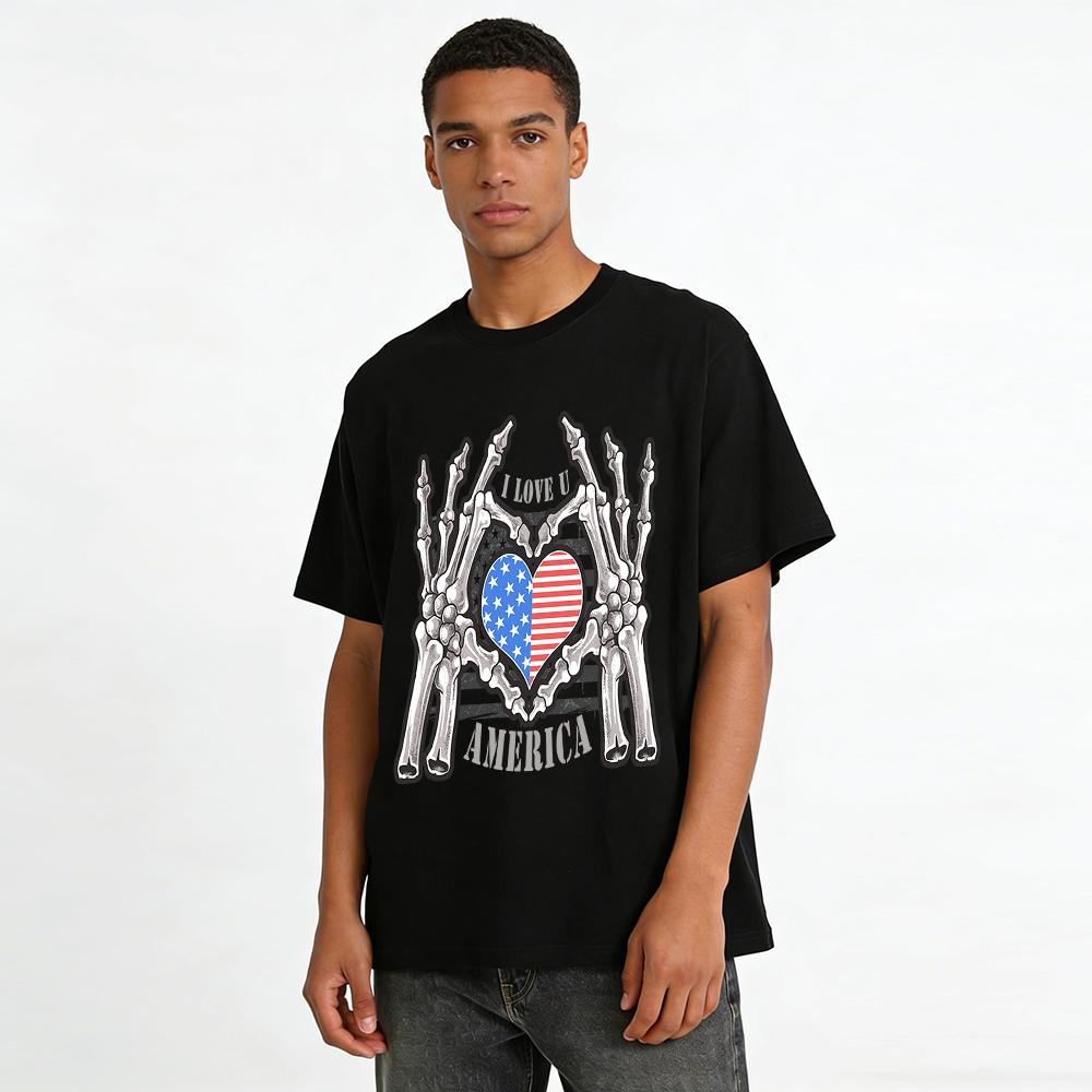 Skeleton Hands Heart US Flag Print Tshirt I Love America Casual Top Pure Cotton T-shirt