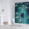 1 Mystical Black Cat and Pink Water Lily Shower Curtain, Vibrant Digital Art Design, Polyester Fabric, Easy to Hang