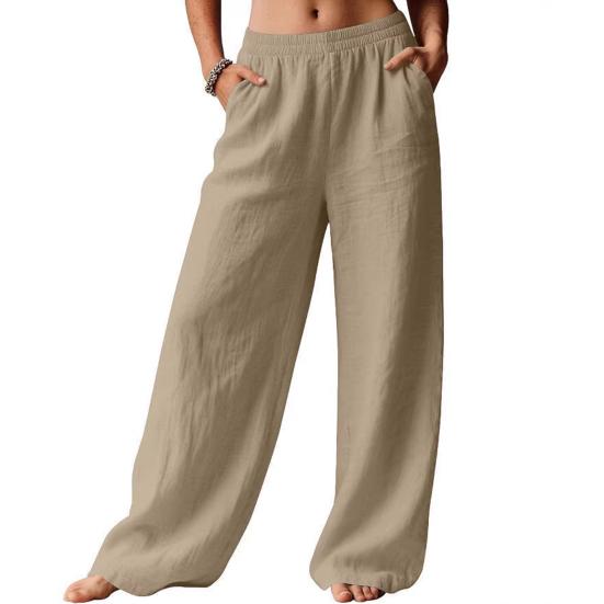 Damen Hose Hohe Taille Gerade Weiter Bein Lange Hose mit Elastischem Bund Tiefe Taschen Knitterarm Casual Hose