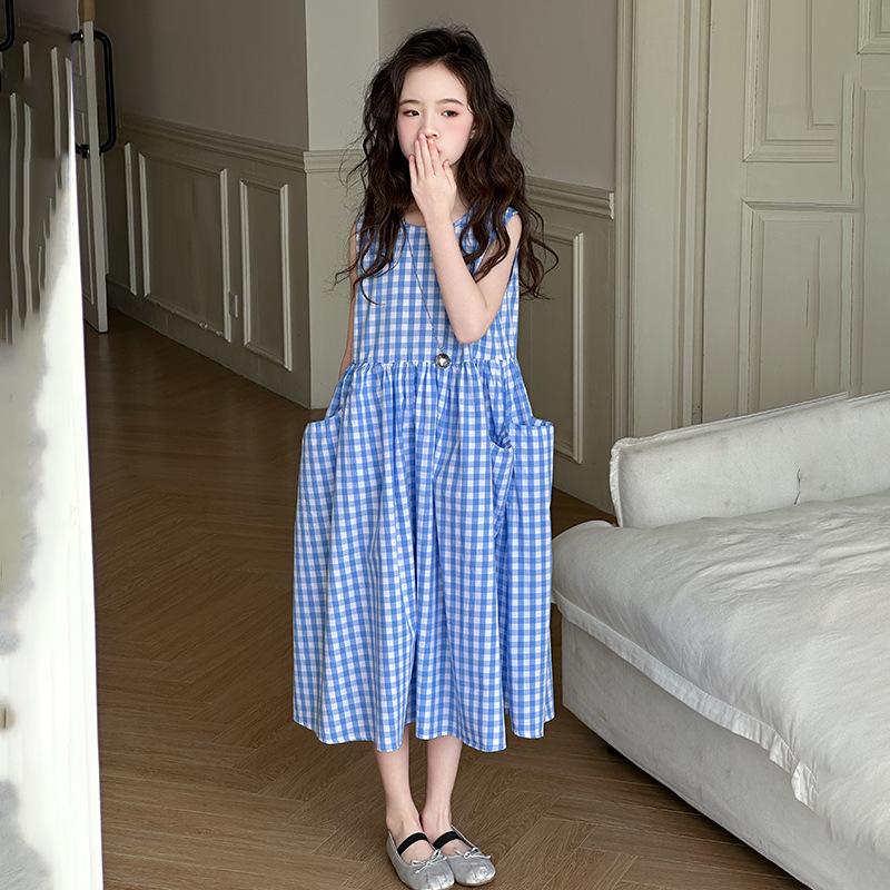 Summer New Style Girls' Sleeveless Plaid Dress, Children's Clothing, Girls' Temperament, Pocket Vest Dress, Trendy and Clear
