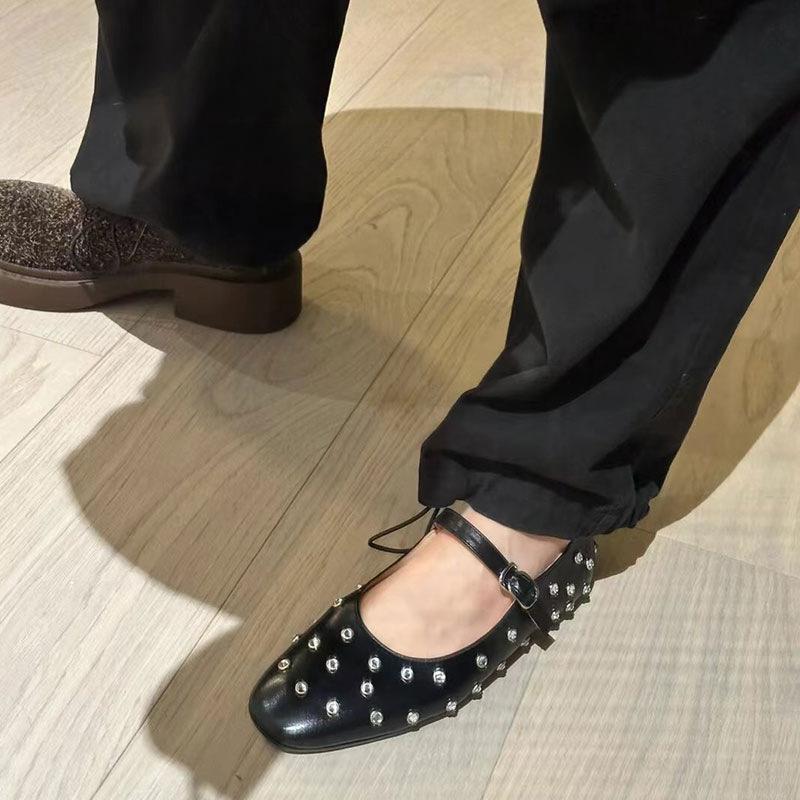 

Туфли Мэри Джейн со стразами, женские весенне-летние модные туфли на плоской подошве с заклепками, туфли Нёня 39