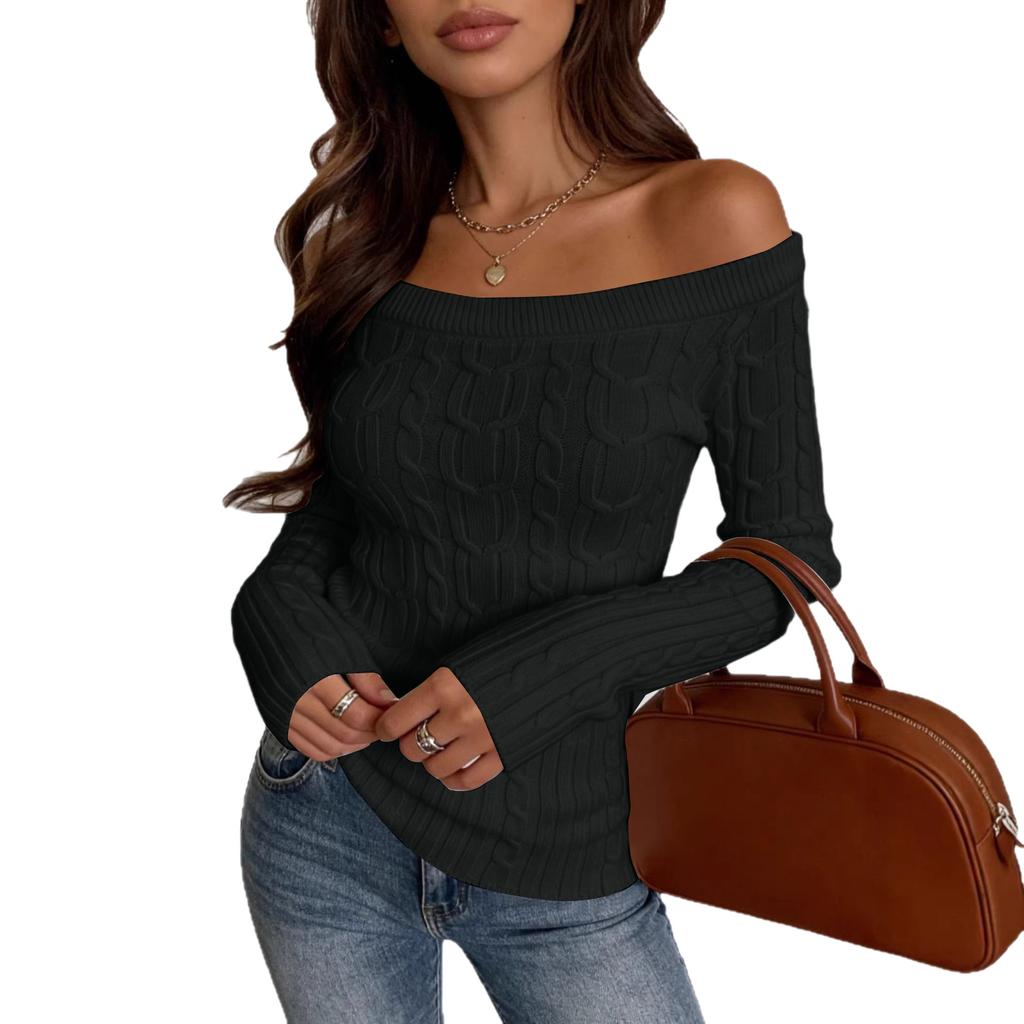 Women's Casual Off-Shoulder Cable Knit Long Sleeve Sweater