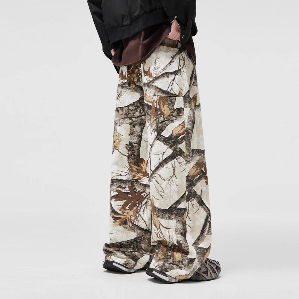 Graffiti branches full of camouflage jeans spring and autumn new loose straight wide-leg trousers
