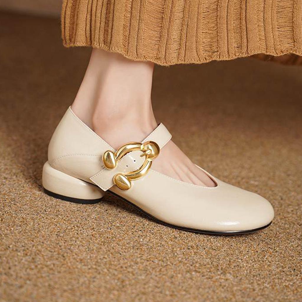 Krazing Pot Sheepskin Fashion Summer Spring Autumn Med Heels Metal Buckle Women  European Design Round Toe Pumps