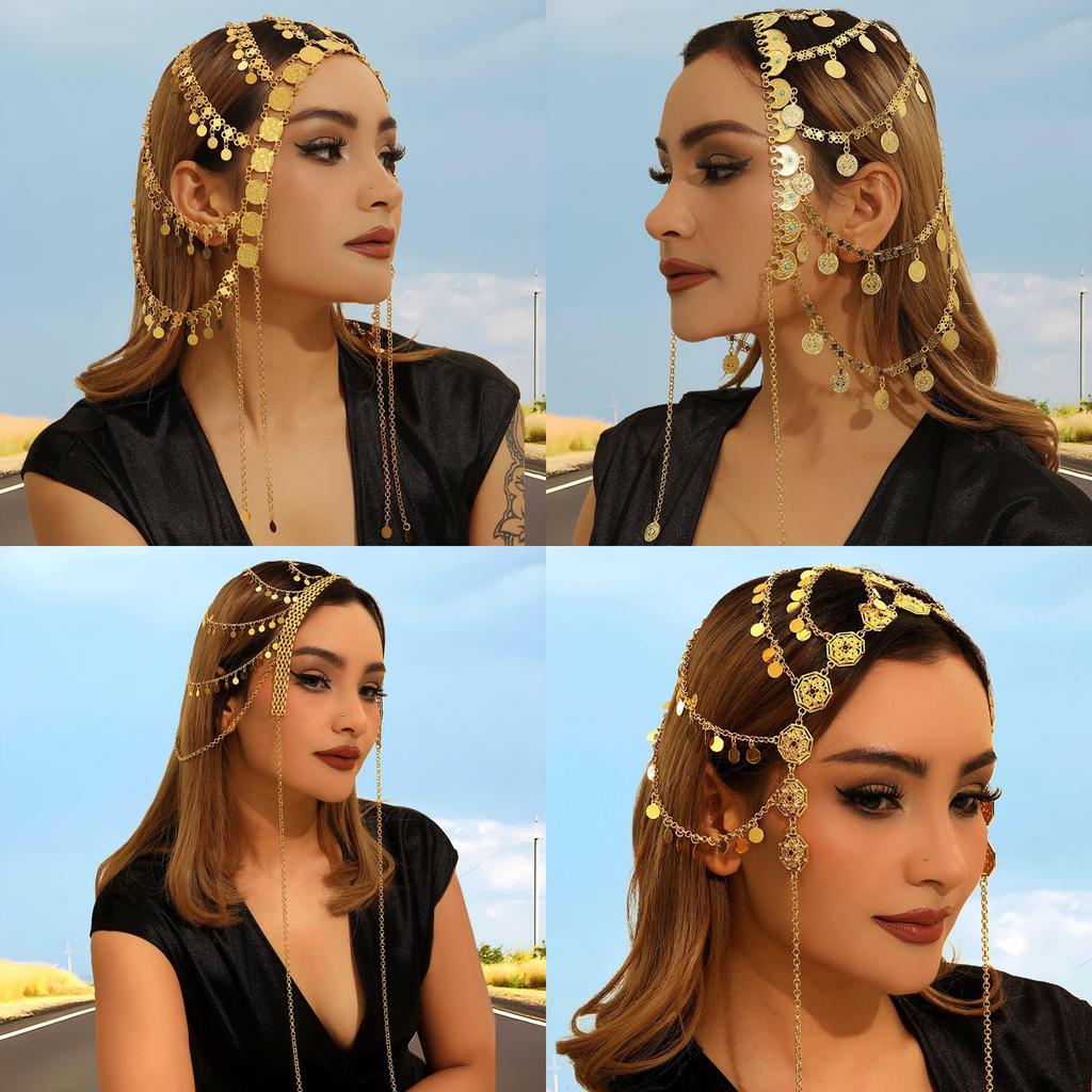 Middle Eastern Style Golden Headpiece With Tassels And Coin For Women And Festive Events