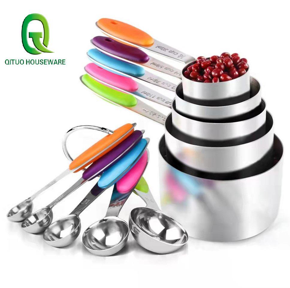 Gold-Plated Stainless Steel Measuring Cups & Spoons with Solid Wood Handles and Scale Markings for Baking.