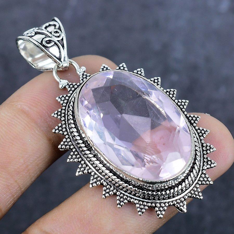 Pink Kunzite Gemstone Handmade 925 Sterling Silver Jewelry Pendant 2.09" E4n82