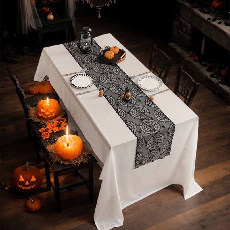 Halloween Black Lace Table Runner Halloween Table Decoration Skull Soft Table Runner Holiday Party Decoration Table Flag