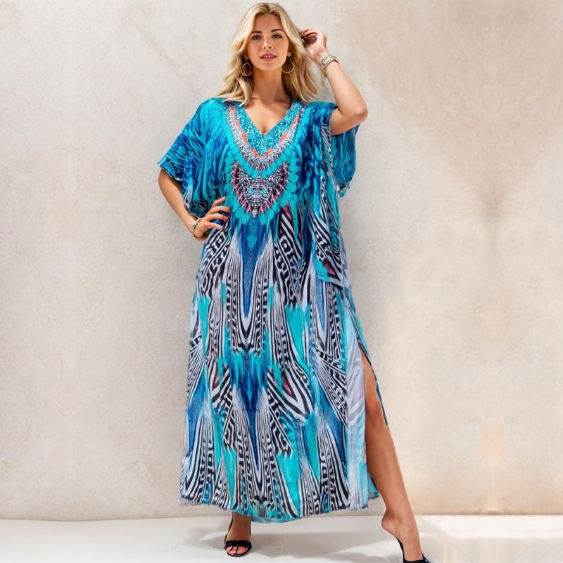 EDOLYNSA Různobarevné Kaftan Bohemian Potištěné Maxi šaty Batwing Sleeve Sleeve Sleeve Women Dámské plážové oblečení Polorukáv Maxi šaty Robe Q1342