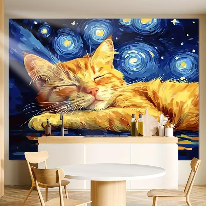 2D Van Gogh Starry Night Sleepy Orange Tabby Cat Tapestry Wall Decor