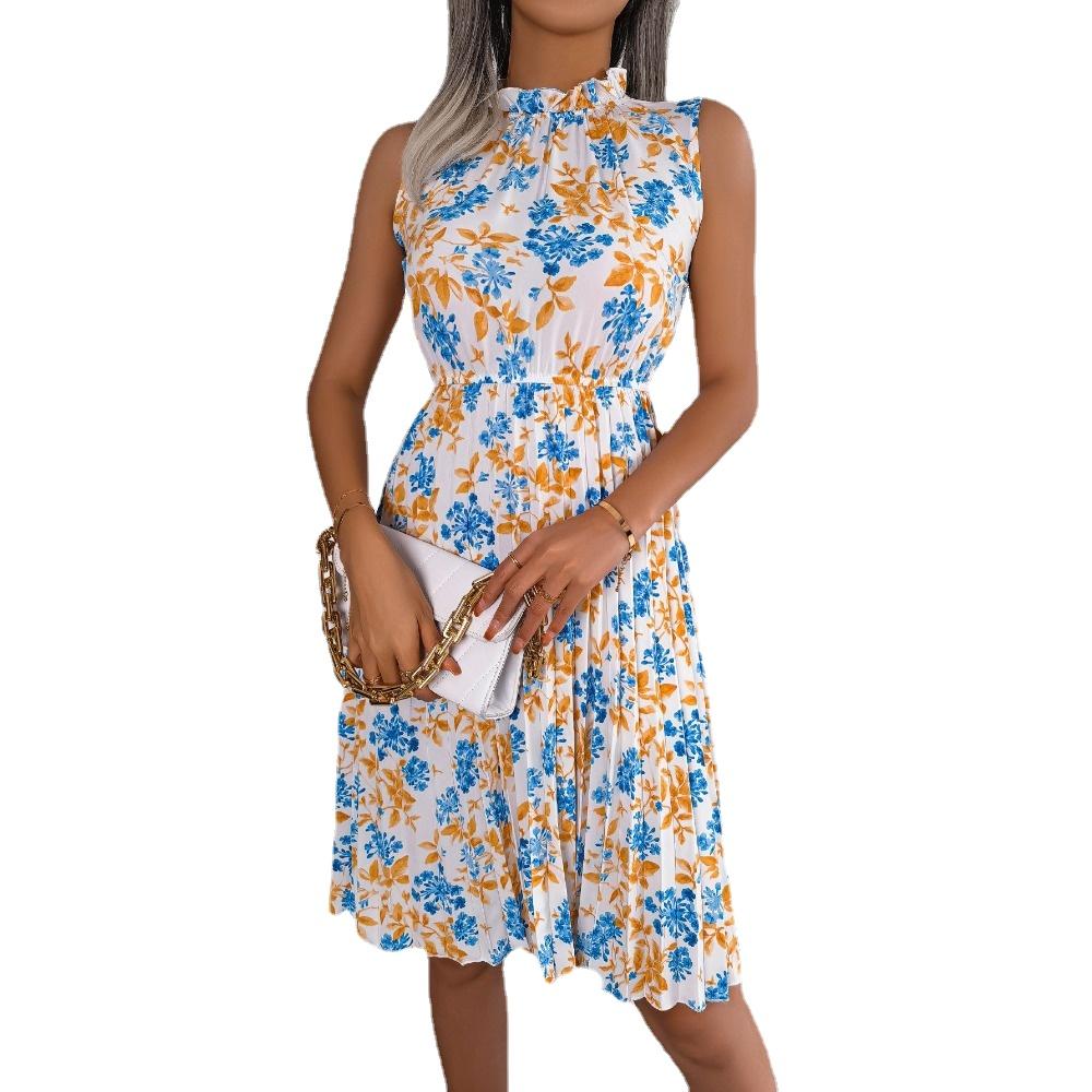 GMXIA Women's Fashion Summer Spring Sleeveless Half Turtleneck Slim Floral Print Cocktail & Evening Dresses