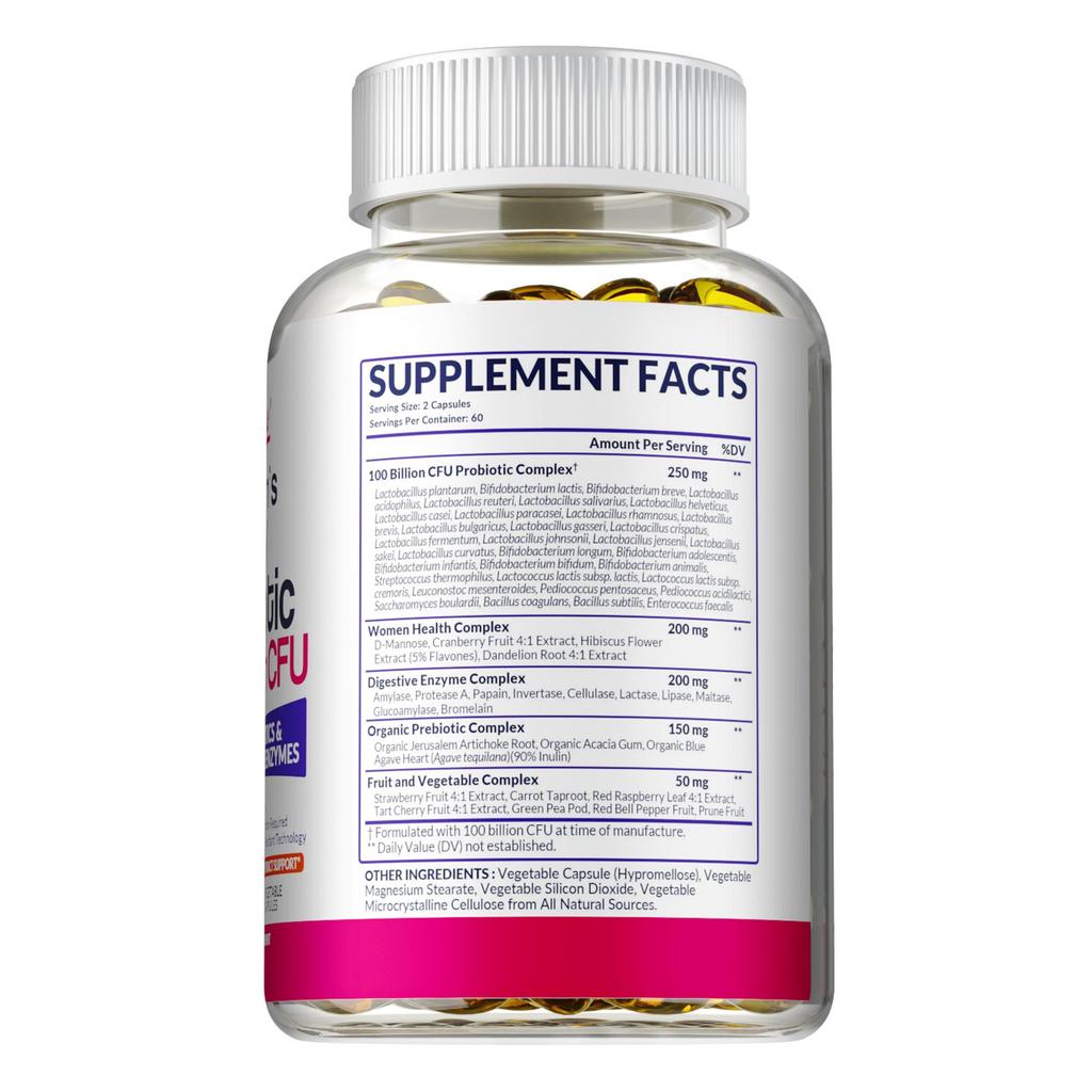Pslalae Probiotic Enzyme Capsules, containing 34 strains, prebiotics, and digestive enzymes, support gut microbiota.