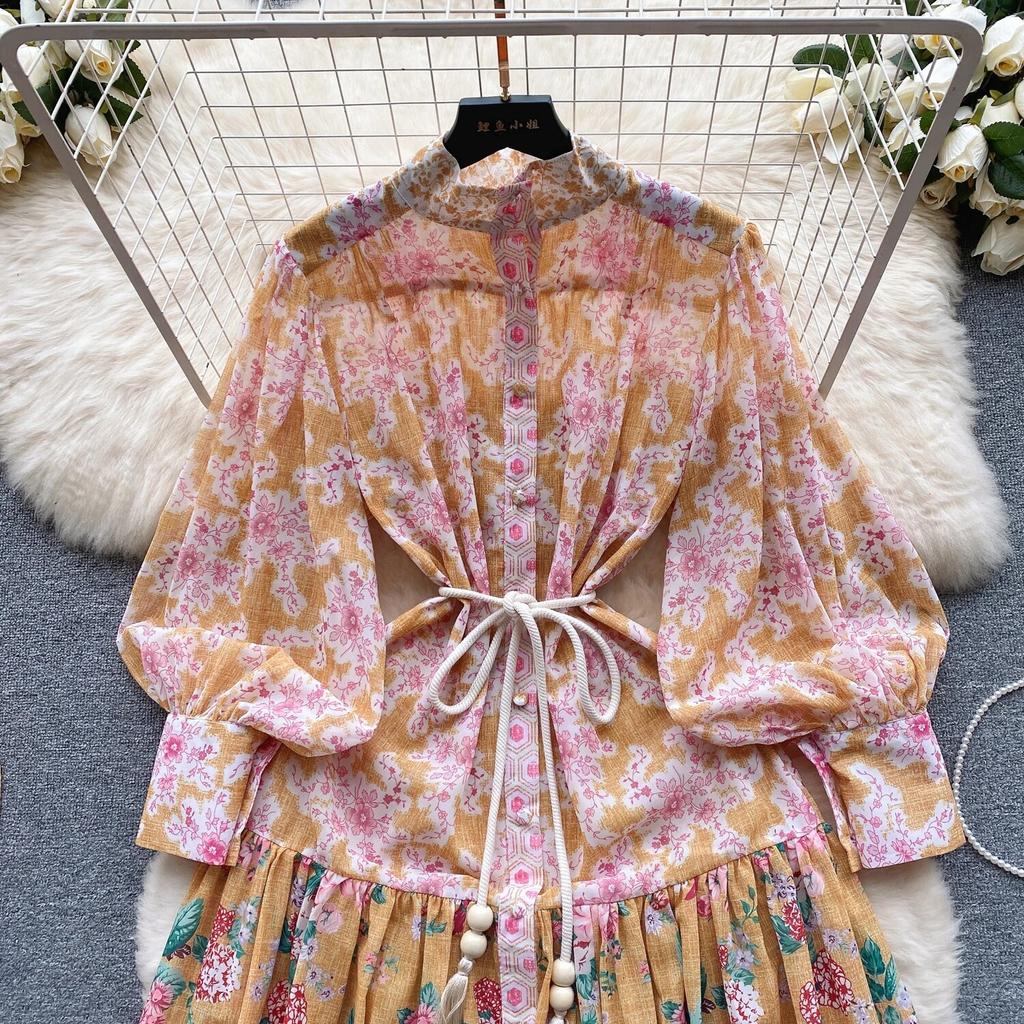 2024 Spring New French sle Puff sleeve Breasted Waist Hugging Slimming Temperament Long Print Formal Dress Chiffon Dress