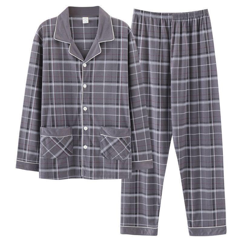 Baumwollpyjama Herren Langärmeliger Revers Herren Bequemes Set für Junge und Mittelalte Frühling und Herbst Homewear Übergröße