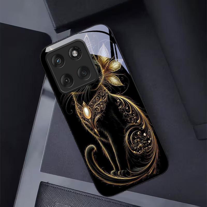 Mystic Golden Pearl Cat Black Glass Phone Case For Motorola Moto Edge 60 70 20 Lite 30 Pro 40 50 Ultra X30 Pro G14 G75 G84 Cover