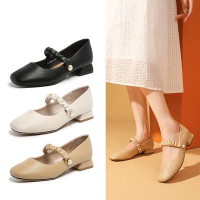 Mary Jane Women's Shoes Summer Medium and High Heel French Evening Style Small Leather Shoes Thin Single Shoes
