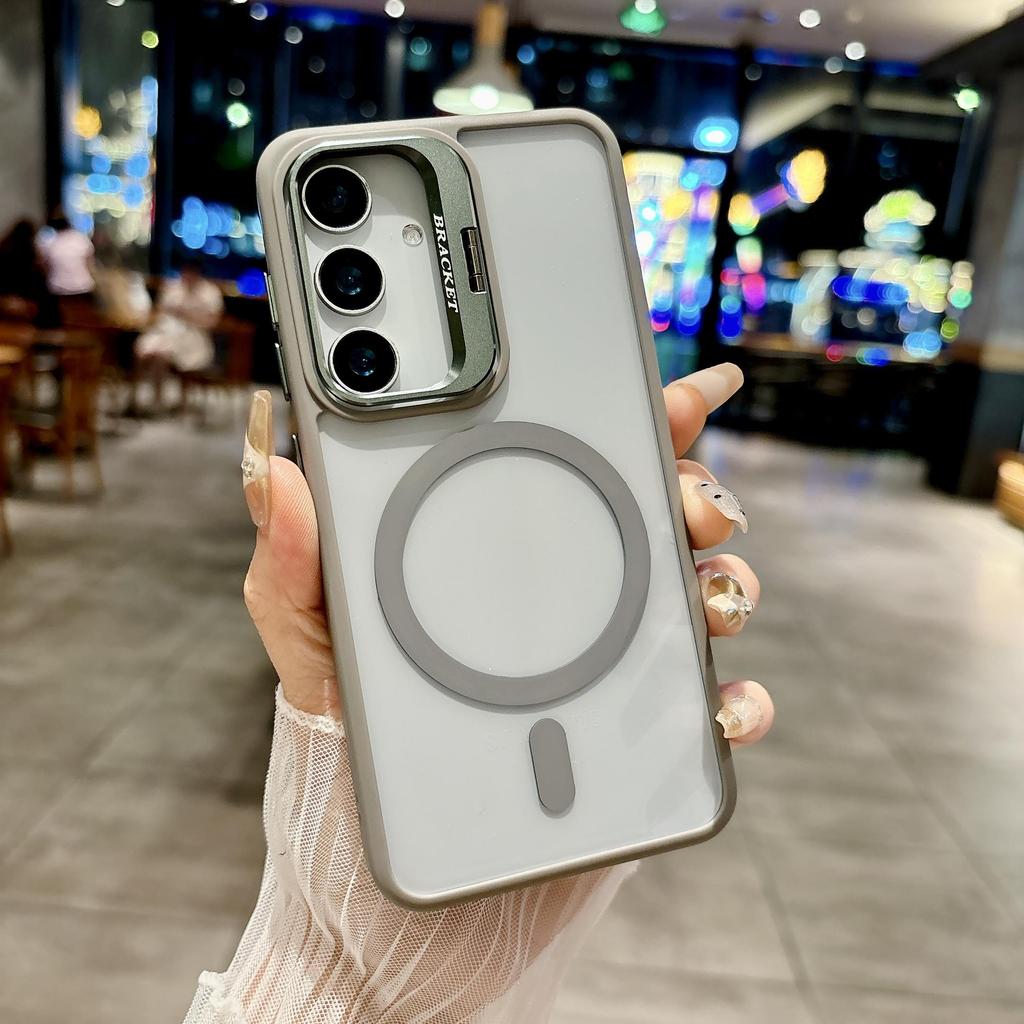 Solid Color Transparent Camera Len Stand Magnetic Charge Bumper Phone Case For Samsung Galaxy S25 Ultra S24 FE S23 Plus Soft Silicone Protection Cover