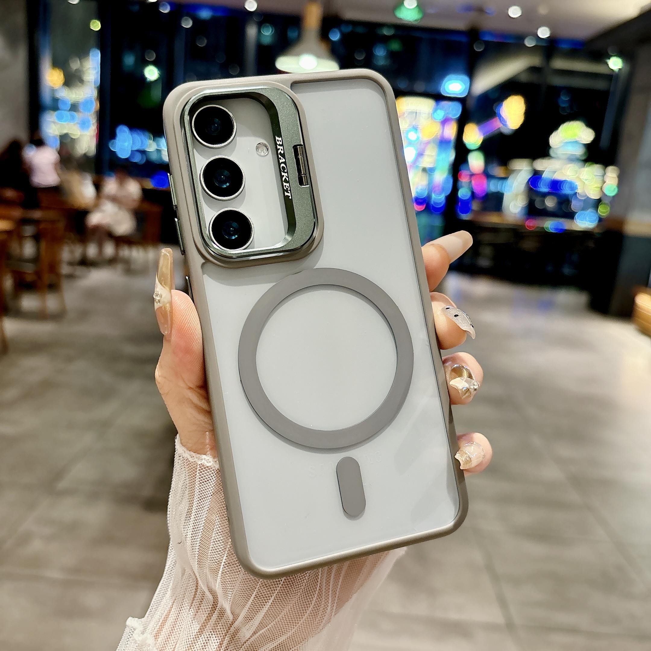 

Однотонный прозрачный чехол-подставка для объектива камеры с магнитной зарядкой и бампером для телефона Samsung Galaxy S25 Ultra S24 FE S23 Plus, мягкая силиконовая защитная крышка Samsung Galaxy S24 FE серый