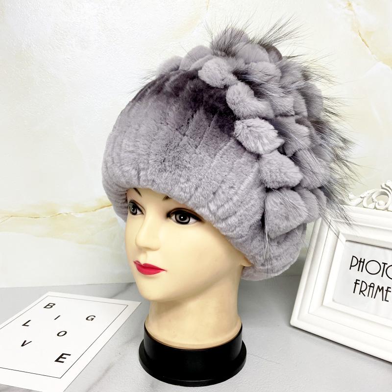 New Natural Rabbit Fur Hats for Women Striped Floral Fox Fur Beanies Female Winter Warm Knitted Outdoor Thick Snow Caps Beanies