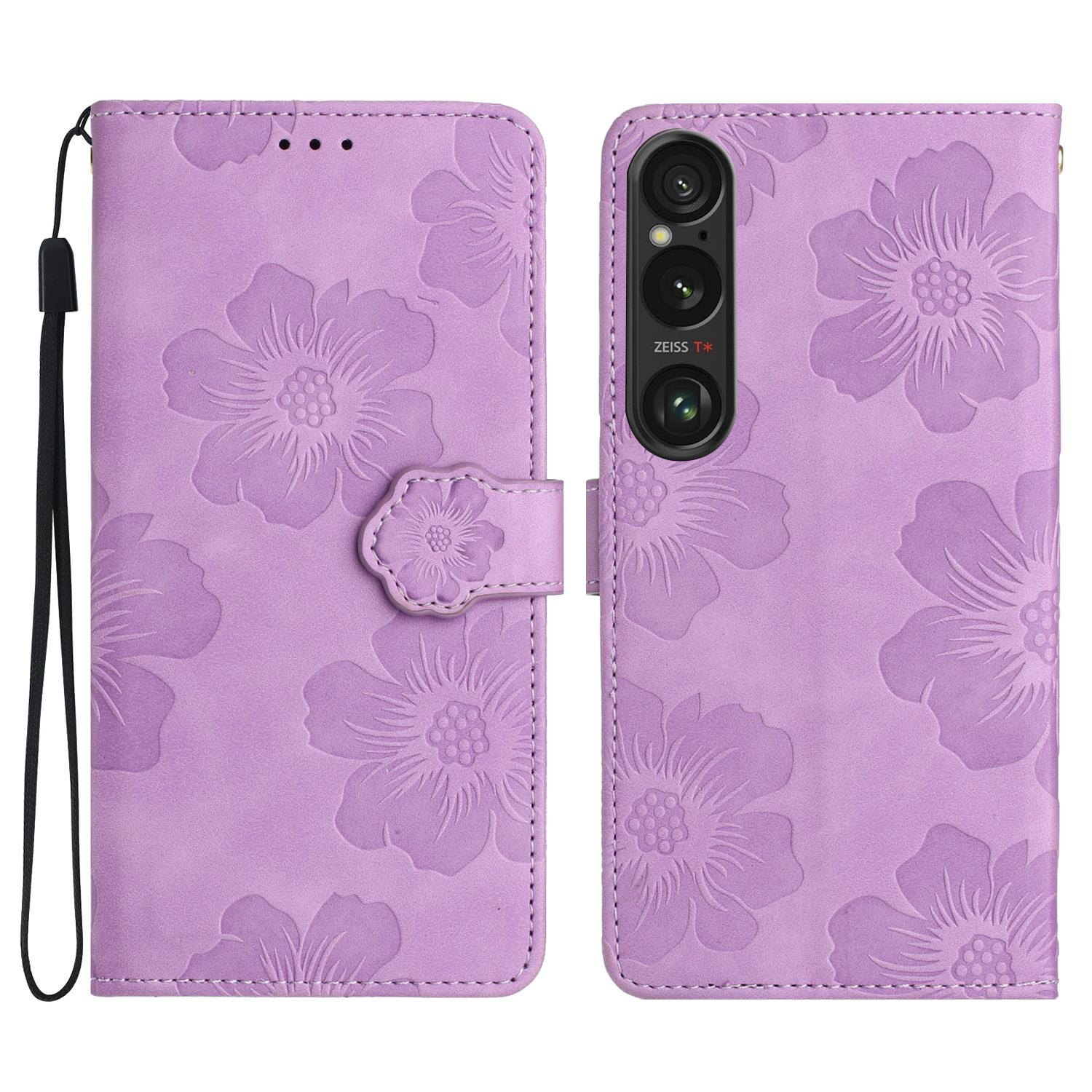 

For Sony Xperia 1 VI Case Flower Design Leather Wallet Phone Cover with Wrist Strap E