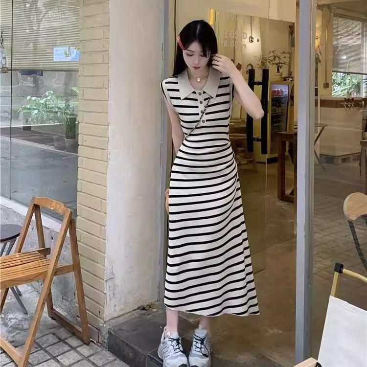 French Retro Polo Collar Color Block Stripe Knit Dress with Pleated Waist