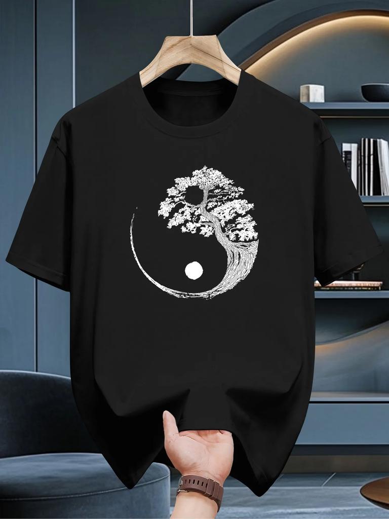 Zen Yin Yang Pine Tree Print Unisexs 100 Cotton Tshirt Casual Oneck Short Sleeve Tops Streetwear Tees