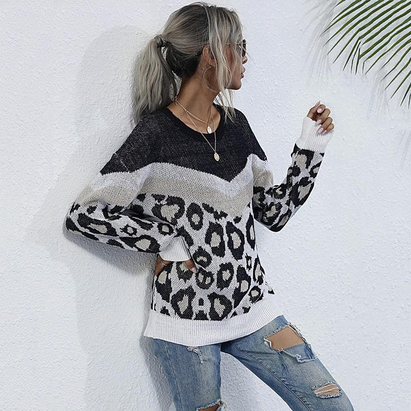 Womens Loose Fit Long Sleeve Knit Sweater With Leopard Print Round Neck Casual Korean Style