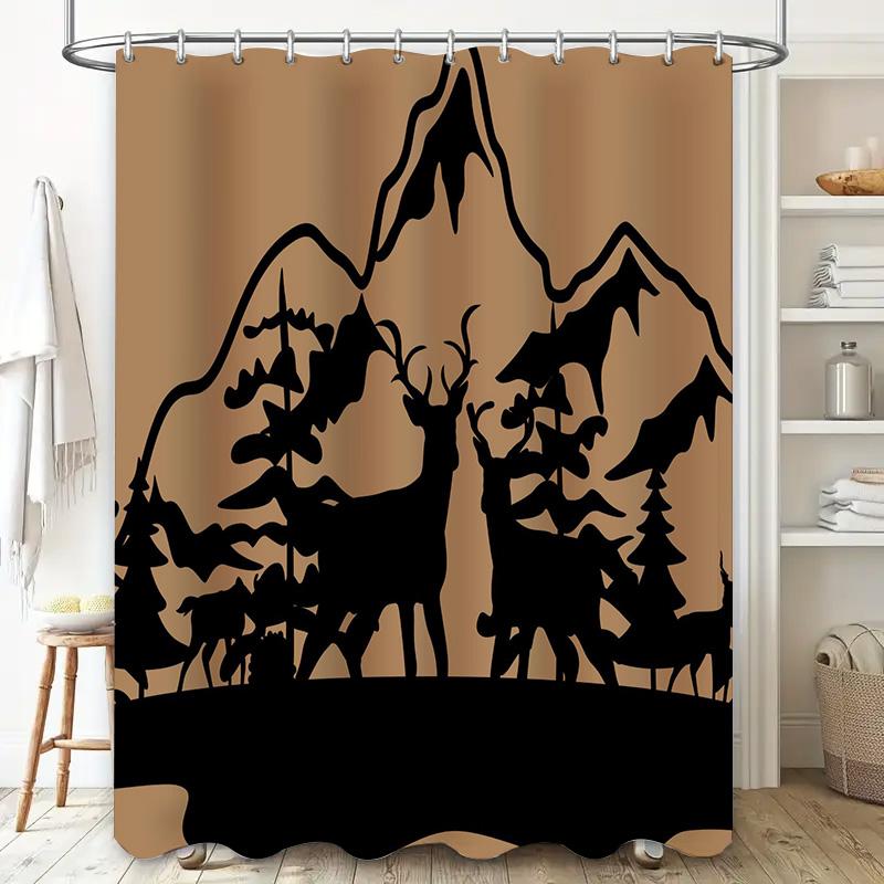 Berg-Sonnenuntergang Duschvorhang mit Elch-Silhouette Dekoratives Wasserdichtes Gewebe Badezimmerdekoration Schwarz/Beige Farbset (180X2