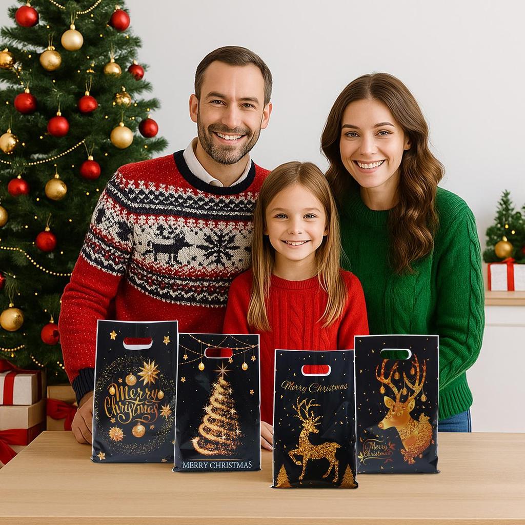 10PCS Mixed Golden Elk Christmas Series Party Gift Tote Bag OPP Glitter Gift Bag Candy Bag Plastic Gift Return Bag