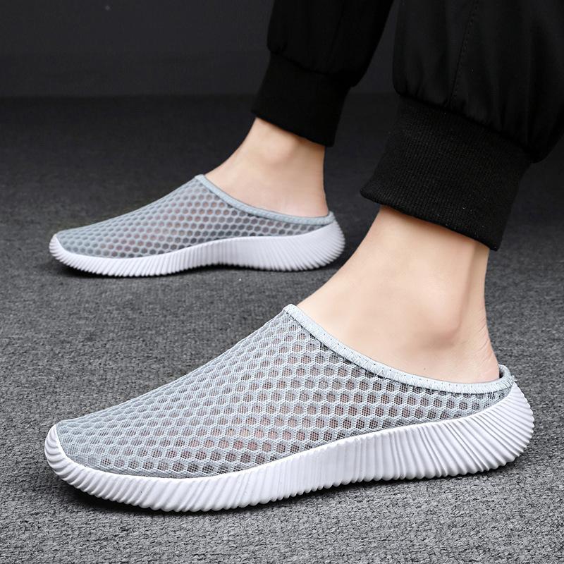

Summer breathable large size men s shoes outer wear sports casual fly-woven shoes women drag lazy one pedal without heel half slippers 45 бежевий