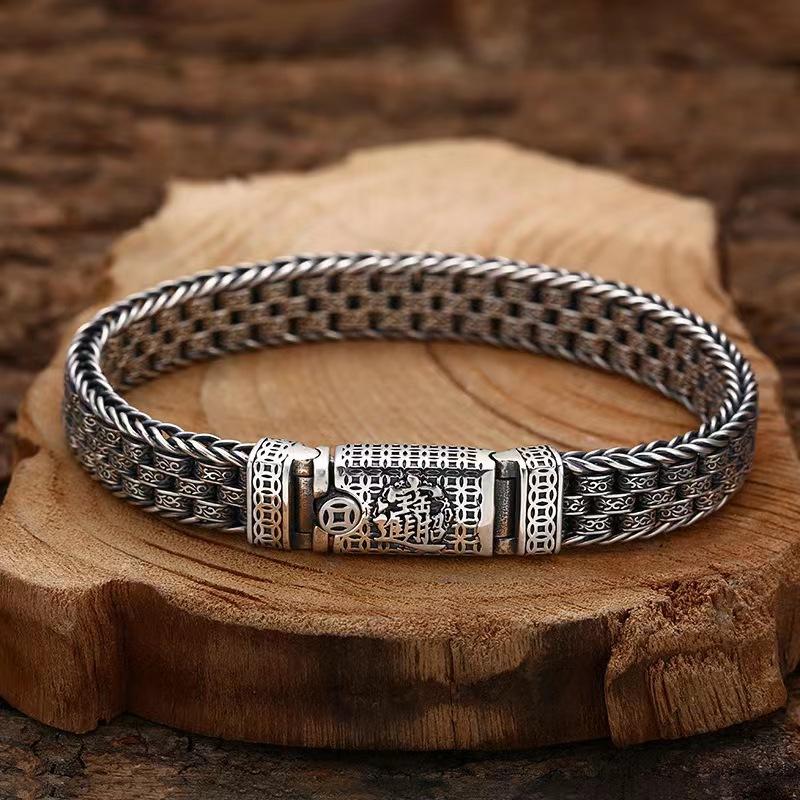 Papas Herrenarmband für Reichtum und Wohlstand, Gewebtes Tang-Gras-Muster, Dicker Stil, Trendy für Herren, Imitation Thailändisches Silber, Retro, Mächtig und Alt