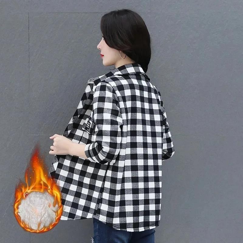 Keep Warm Add Velvet Shirt for Women Spring Autumn Winter Fashion Versatile Grid Shirt Jacket Female Blouse Top