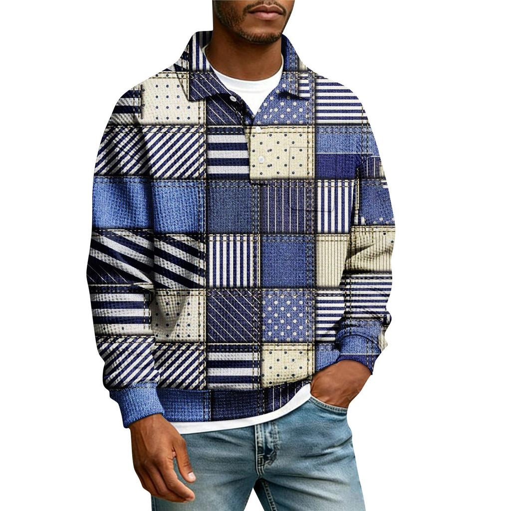 Herrars Revers Tryckt Enkelknäppt Ficka Långärmad Ledig Sport T-shirt