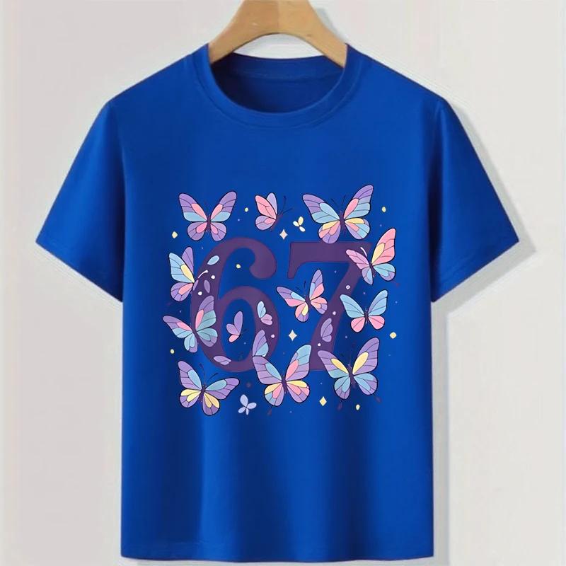 Butterfly Six Seven Print Children Tshirts Summer Girls Casual Fashion Funny Tops Kids Colorful Crew Neck Short Sleeve Tees