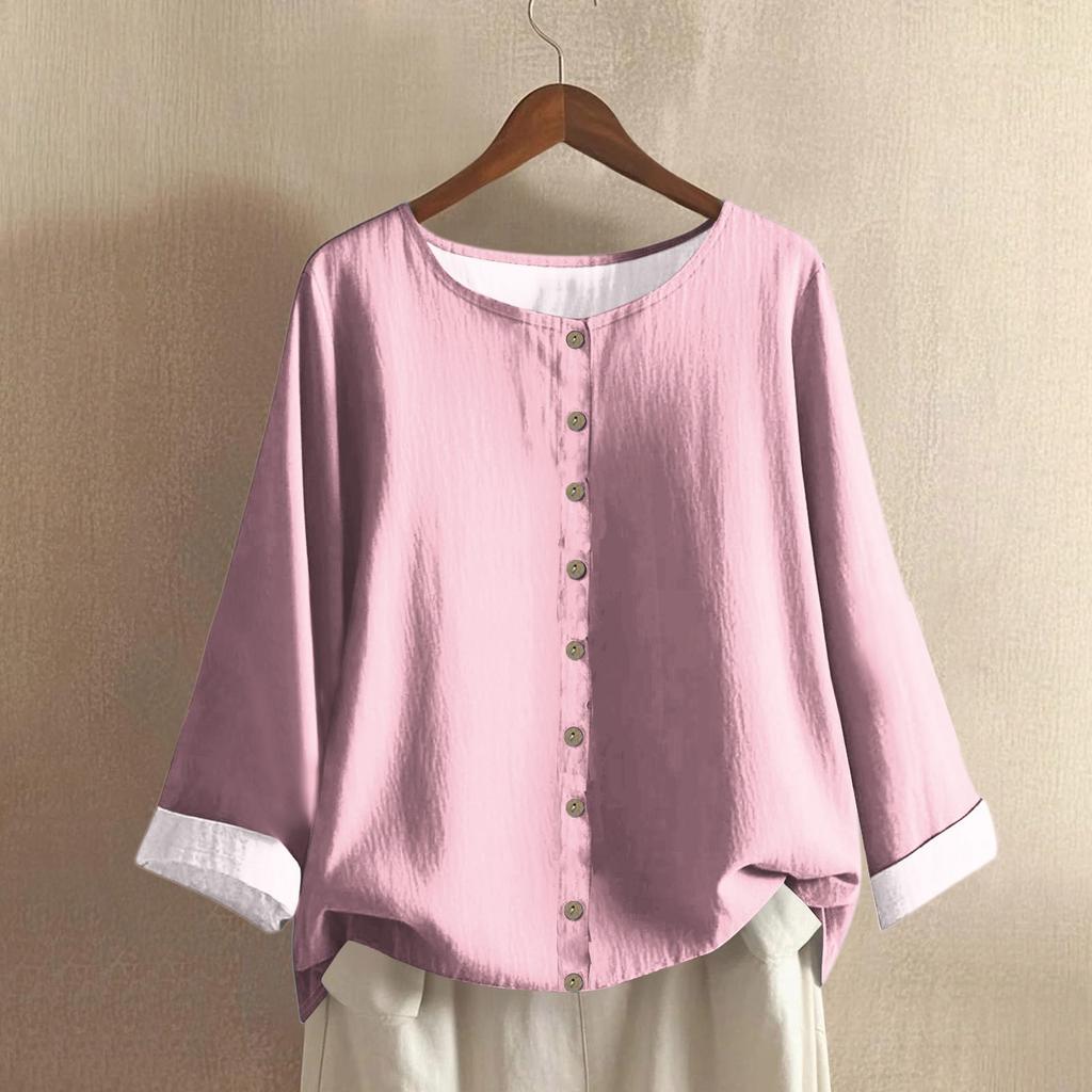 Women's Casual Long-sleeved Round Neck Solid Color Cotton And Linen Top