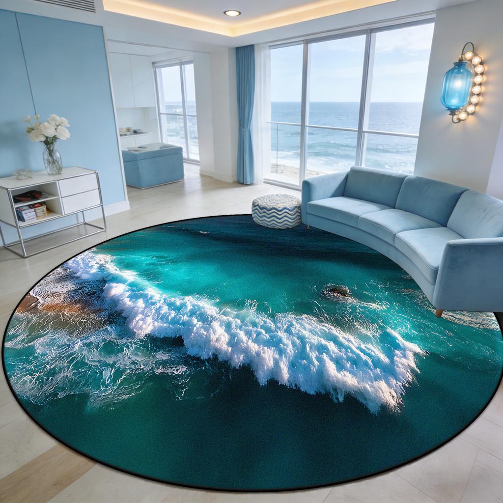 Immersive Wave Beach Round Carpet for Living Room Decoration Terrace Courtyard Antiskid Rug Easy Clean Fluffy Mat for Children