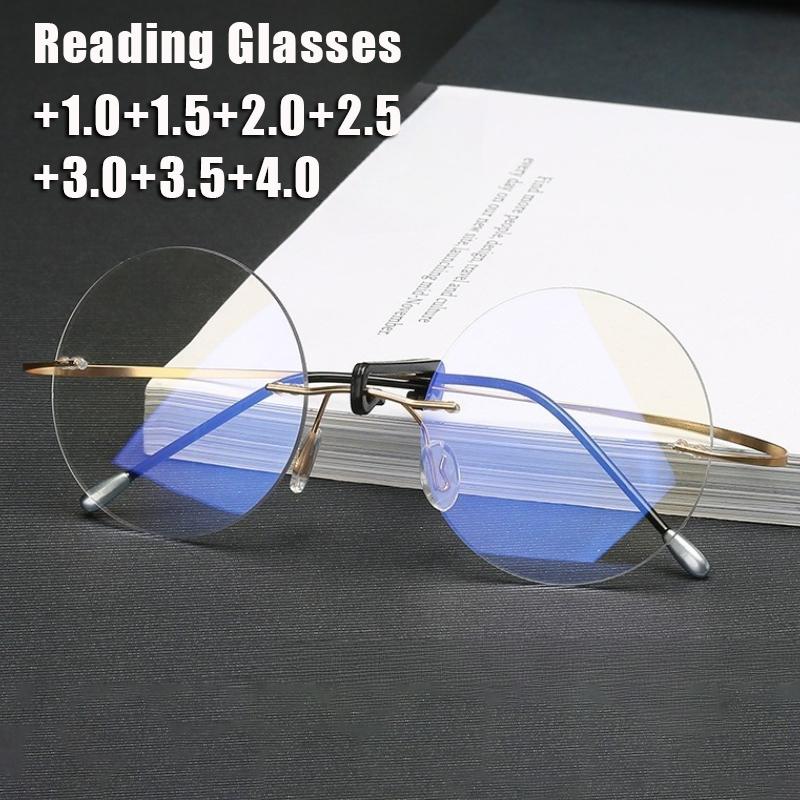Retro Rimless Presbyopia Glasses For Men Fashion Metal Round Frame Anti-Blue Light Reading Glasses Diopter +1.0 To +4.0