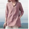 Spring 2026 Women's Solid Colour Seven Part Sleeve Stand Up Collar Cotton Linen Casual Pullover Shirt