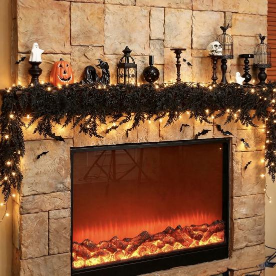 Decorative Vines for Mantelpiece Halloween Lighted Creepy Vine Garland with LED Lights, Black Faux Twig Mantle Artificial Branches Home Decor