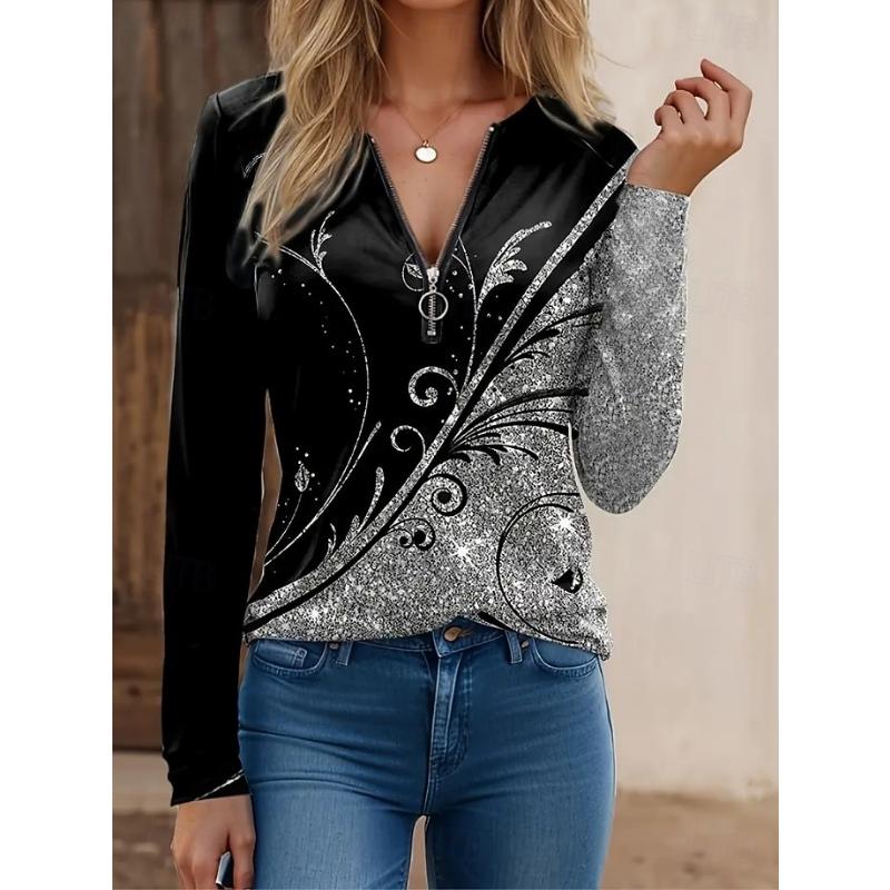 Women's T Shirt Quarter Zip Long Sleeve Casual Graphic Tribal Vintage Bohemia Tropical Hawaiian V Neck