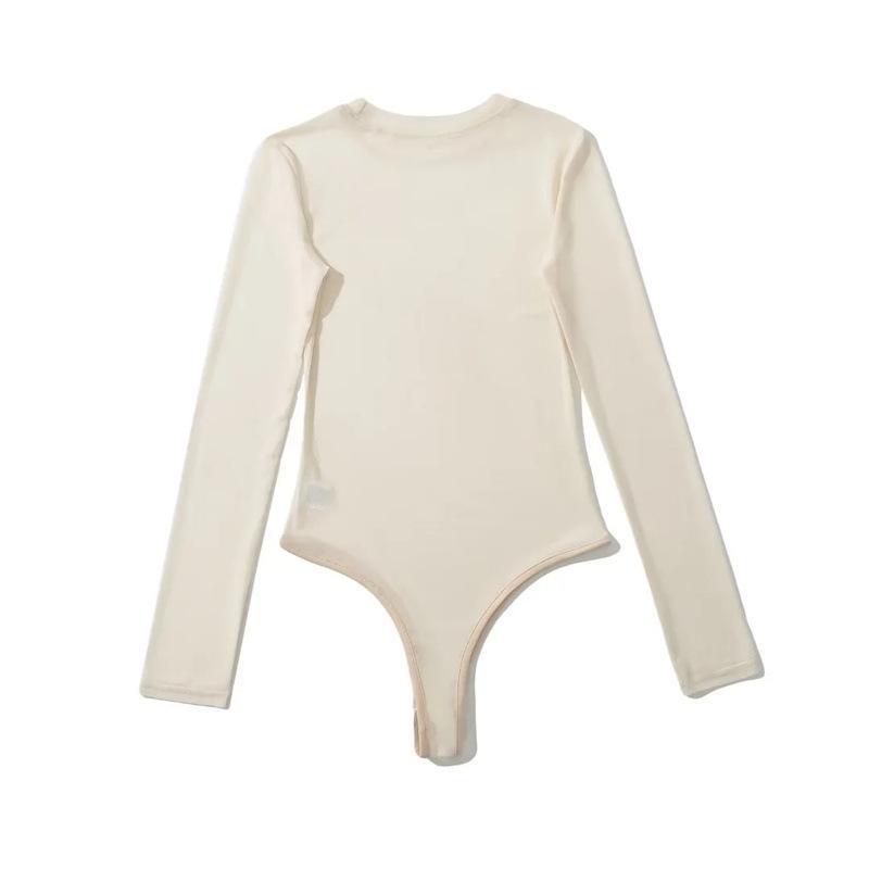 2024 Summer Mesh See-Through Round Neck Long Sleeve Bodysuit
