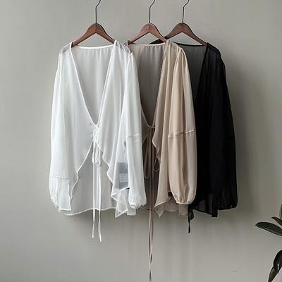 Women Solid Color Shirts V-neck Loose Long Sleeve Open Stitch Korean Style Lace Up Simple Summer Chiffon Breathable Minimalist Stylish