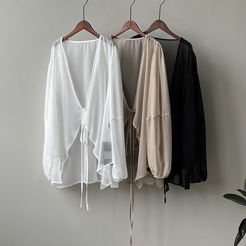Camicie da Donna a Colore Unito Scollo a V Ampie Manica Lunga Maglia Aperta Stile Coreano Allacciatura Semplice Estive Chiffon Traspirante Minimalista Alla Moda