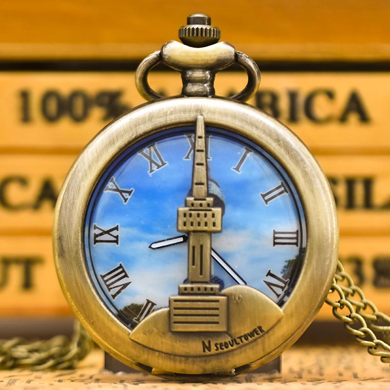 

Vintage Hollow China Seoul Building Taipei Building Gift Decoration Pendent Necklace Quartz Bronze Pocket Watch бронзовий