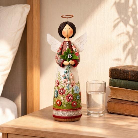 Hand-carved Decoration Vintage Floral Figurine Ornament, Hand Carved Flower Angel Statue, Decorative Figure with Wings Home Table for Living