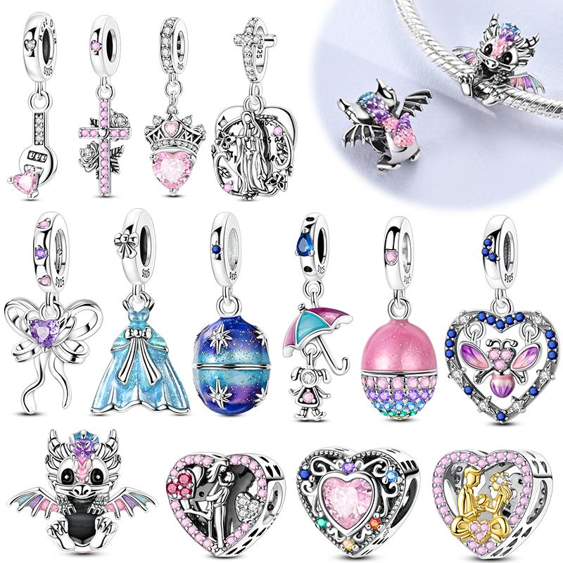 925  Silver Cute Fire Dragon Beads Colorful Heart Lover Family Charms Dangle Fit Bracelet DIY Jewelry Making Gifts