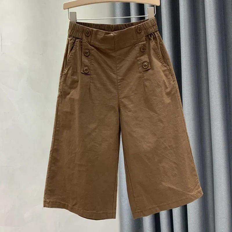 Cotton Cropped Pants for Women In Summer Elastic High Waisted Slimming and Wide Leg Casual Pants with Versatile Temperament Thin Mid Length Pants